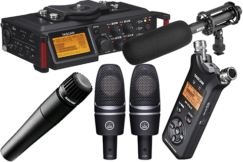 Tascam recorders with Shure, AKG and Boya microphones